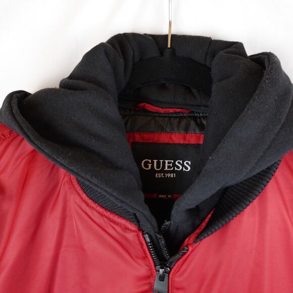 GUESS Men's Hooded Bomber Jacket Red Black Size Large Streetwear Lagenlook Fall - Picture 15 of 16